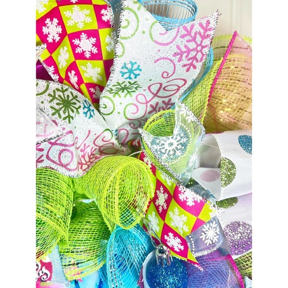 Handmade Bright Merry Christmas Holiday Ribbon Door Wreath 22 ins W52 Pink Blue - Picture 10 of 13